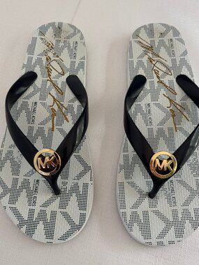 MICHAEL KORS Navy with Goldtone Logo Flip Flops Sandals